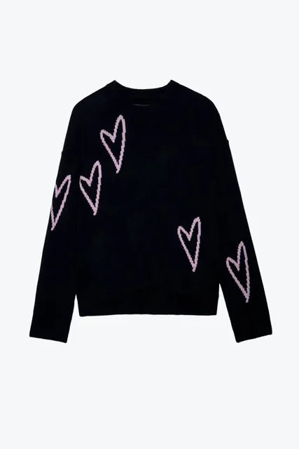 100% Cashmere Women's O-neck Sweater Heart-shaped Jacquard 2022 New Female Long Sleeve Loose Jumper for Autumn Winter