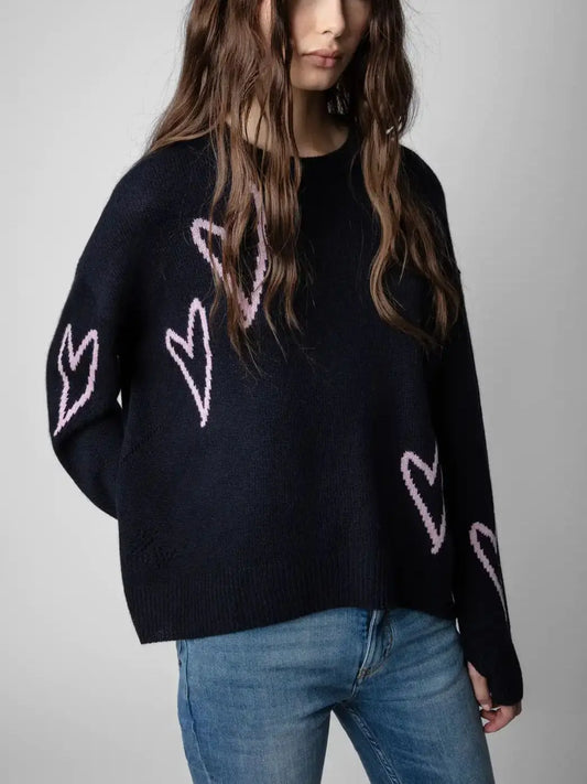 100% Cashmere Women's O-neck Sweater Heart-shaped Jacquard 2022 New Female Long Sleeve Loose Jumper for Autumn Winter