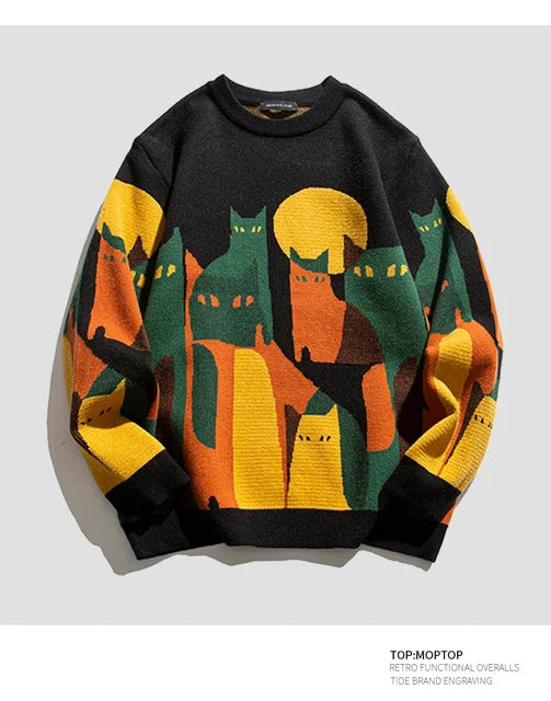 2023 Autumn Harajuku Knitted Sweater Men Women Winter Cartoon Full Cat Print Pullover Vintage Causal Loose Sweaters Streetwear