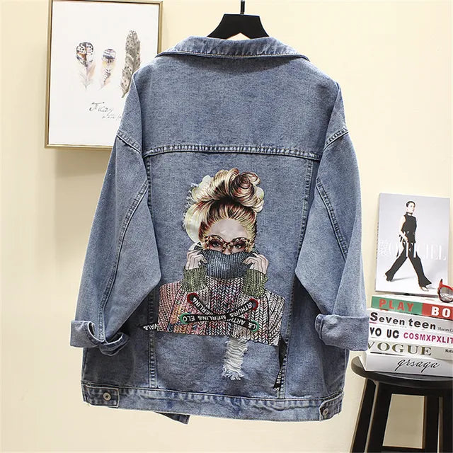 2023 Autumn New Denim Jacket Women Harajuku Printed Frayed Beading Loose Casual Jeans Jacket Coat Outwear Female Jacket