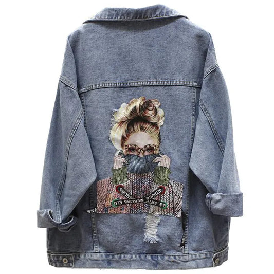 2023 Autumn New Denim Jacket Women Harajuku Printed Frayed Beading Loose Casual Jeans Jacket Coat Outwear Female Jacket