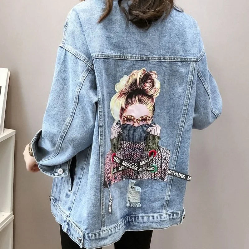 2023 Autumn New Denim Jacket Women Harajuku Printed Frayed Beading Loose Casual Jeans Jacket Coat Outwear Female Jacket