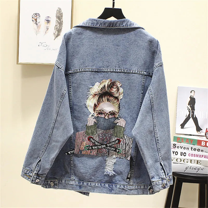 2023 Autumn New Denim Jacket Women Harajuku Printed Frayed Beading Loose Casual Jeans Jacket Coat Outwear Female Jacket