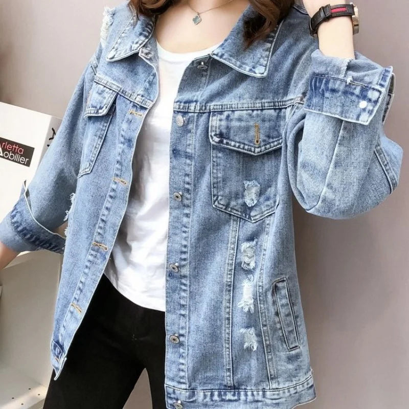 2023 Autumn New Denim Jacket Women Harajuku Printed Frayed Beading Loose Casual Jeans Jacket Coat Outwear Female Jacket