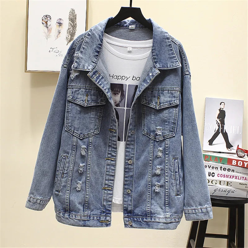 2023 Autumn New Denim Jacket Women Harajuku Printed Frayed Beading Loose Casual Jeans Jacket Coat Outwear Female Jacket