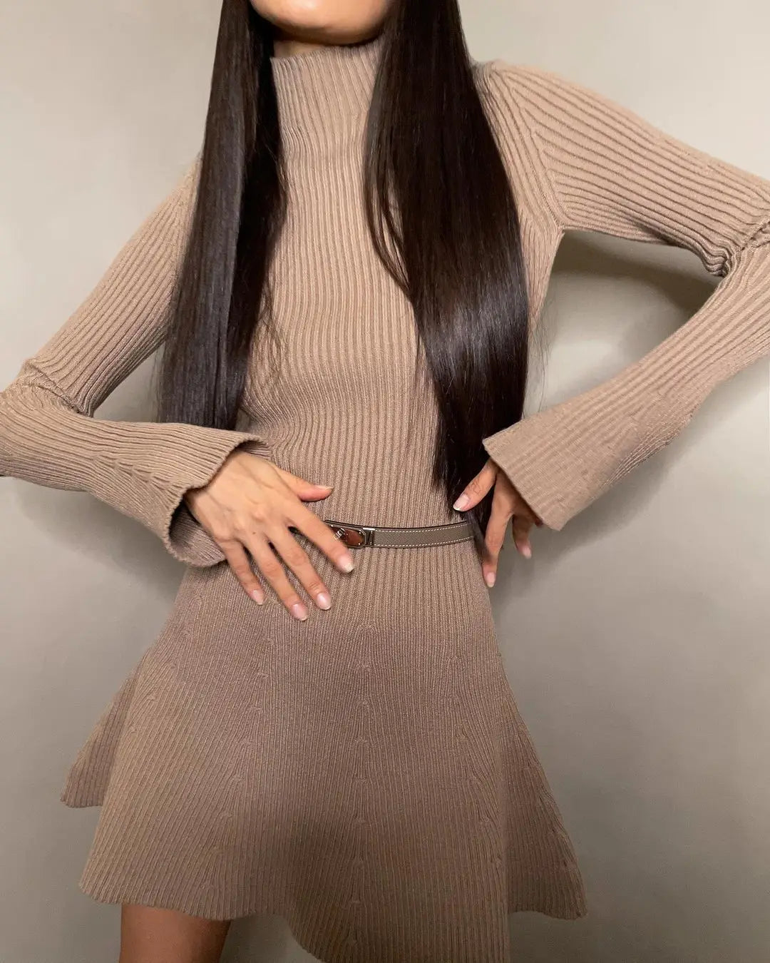 2023 Autumn and Winter Women's Fashion Sexy Dress Temperament High Neck Long Sleeve Waist Short Solid Color Knit Dress INS