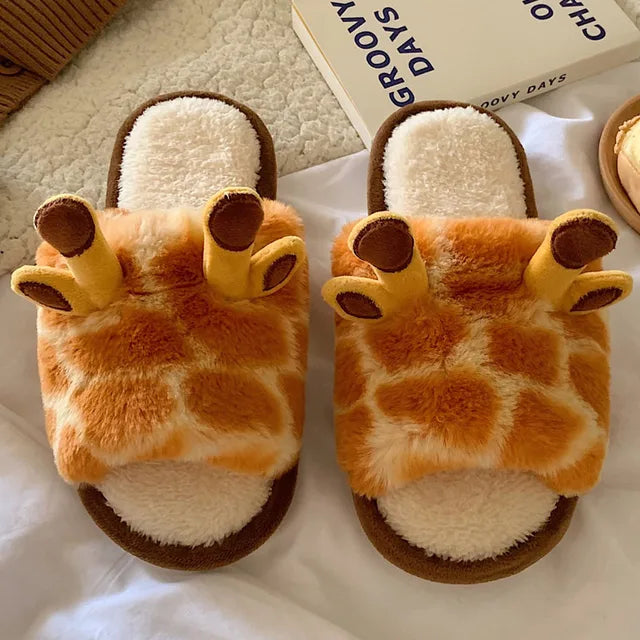 2023 Cartoon Giraffe Fluffy Fur Slippers Women Winter Warm Plush Slippers Home Indoor Shoes Non Slip Comfy Furry Lovely Slides