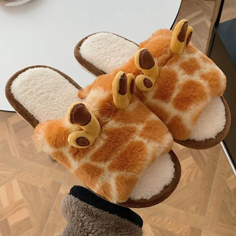 2023 Cartoon Giraffe Fluffy Fur Slippers Women Winter Warm Plush Slippers Home Indoor Shoes Non Slip Comfy Furry Lovely Slides