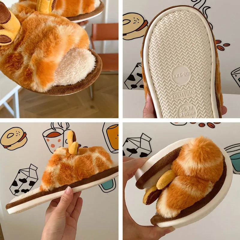 2023 Cartoon Giraffe Fluffy Fur Slippers Women Winter Warm Plush Slippers Home Indoor Shoes Non Slip Comfy Furry Lovely Slides