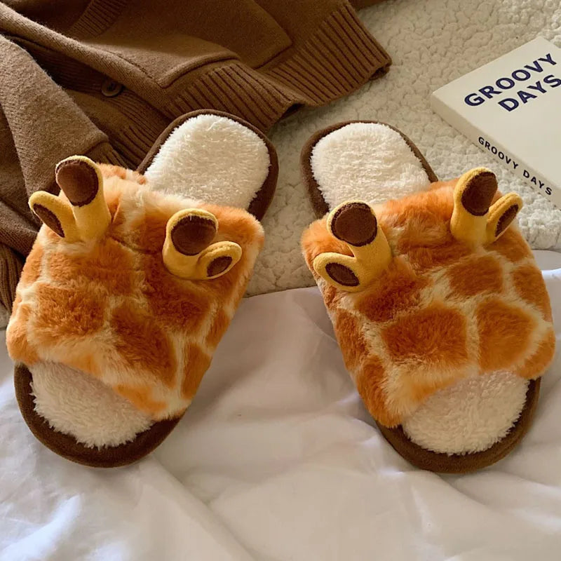 2023 Cartoon Giraffe Fluffy Fur Slippers Women Winter Warm Plush Slippers Home Indoor Shoes Non Slip Comfy Furry Lovely Slides