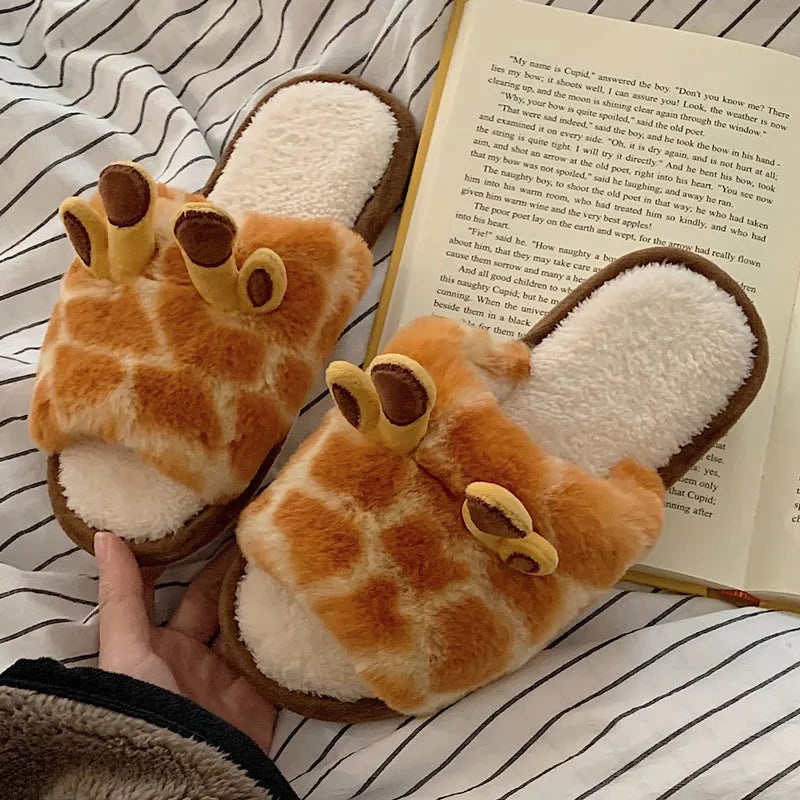 2023 Cartoon Giraffe Fluffy Fur Slippers Women Winter Warm Plush Slippers Home Indoor Shoes Non Slip Comfy Furry Lovely Slides