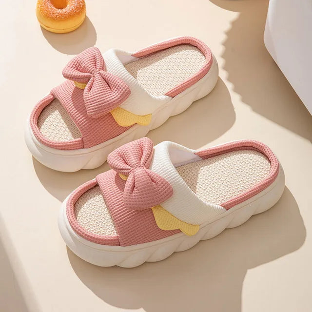 2023 New Cute Cartoon Cotton Linen Slippers Women Summer Home Breathable Platform Slides Floor Mute Slippers Kawaii Flip Flops