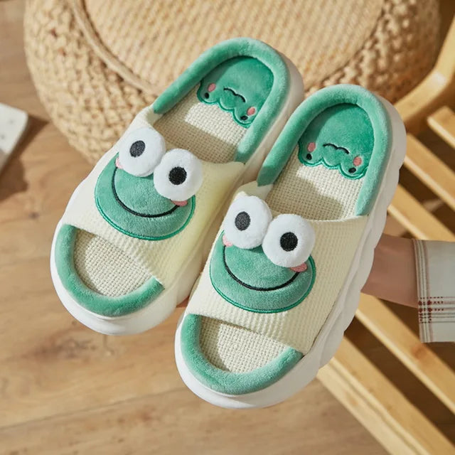 2023 New Cute Cartoon Cotton Linen Slippers Women Summer Home Breathable Platform Slides Floor Mute Slippers Kawaii Flip Flops