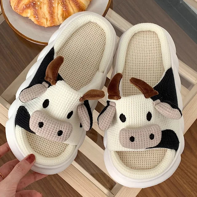 2023 New Cute Cartoon Cotton Linen Slippers Women Summer Home Breathable Platform Slides Floor Mute Slippers Kawaii Flip Flops