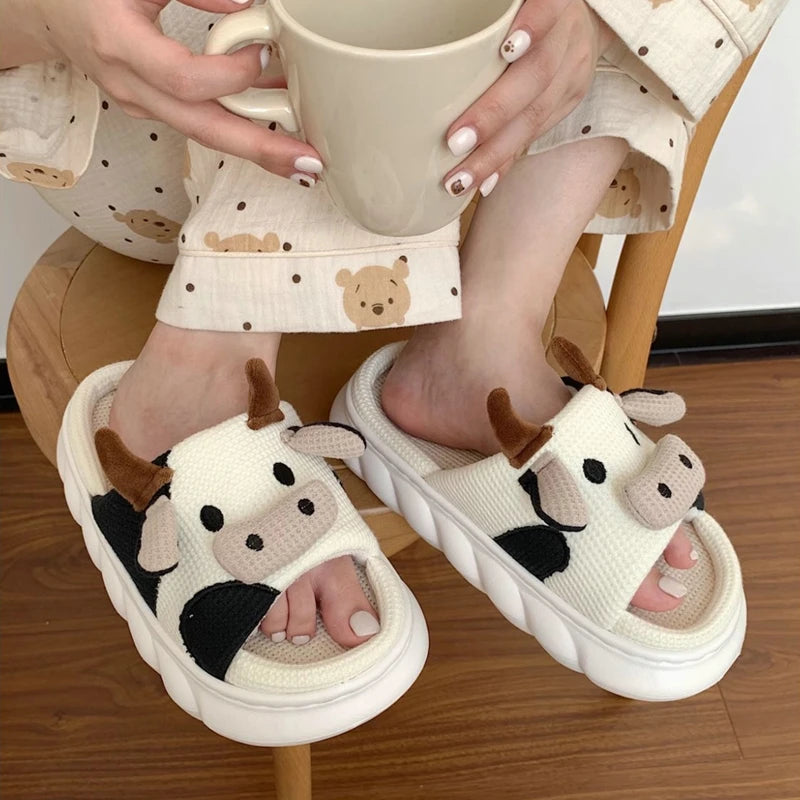 2023 New Cute Cartoon Cotton Linen Slippers Women Summer Home Breathable Platform Slides Floor Mute Slippers Kawaii Flip Flops