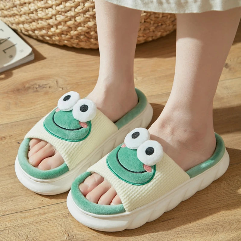 2023 New Cute Cartoon Cotton Linen Slippers Women Summer Home Breathable Platform Slides Floor Mute Slippers Kawaii Flip Flops