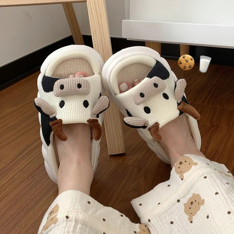 2023 New Cute Cartoon Cotton Linen Slippers Women Summer Home Breathable Platform Slides Floor Mute Slippers Kawaii Flip Flops