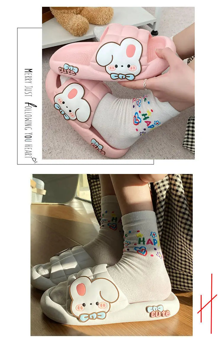 2023 New Cute Rabbit Slippers Women Indoor Home Bathroom Anti-slip Slides Shoes Soft Sole Beach Summer Sandals Women Slippers