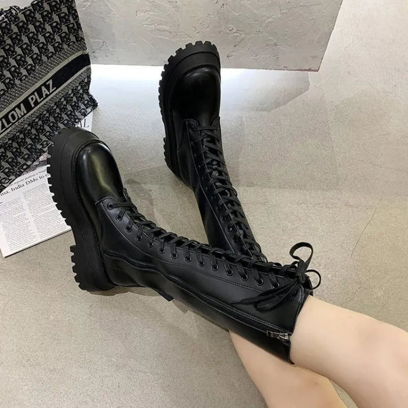 2023 New Women Motorcycle Boots Wedges Flat Shoes Woman High Heel Platform PU Leather Boots Lace Up Women Shoes Black Boots