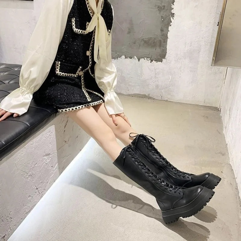 2023 New Women Motorcycle Boots Wedges Flat Shoes Woman High Heel Platform PU Leather Boots Lace Up Women Shoes Black Boots