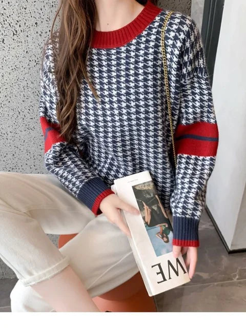 2023 Winter Ladies O-Neck Sweater Warm Pullover Commuter Elegant Top Casual Women's Tops Retro Contrast Color Knitting Jumper