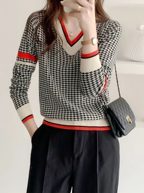 2023 Winter Ladies O-Neck Sweater Warm Pullover Commuter Elegant Top Casual Women's Tops Retro Contrast Color Knitting Jumper