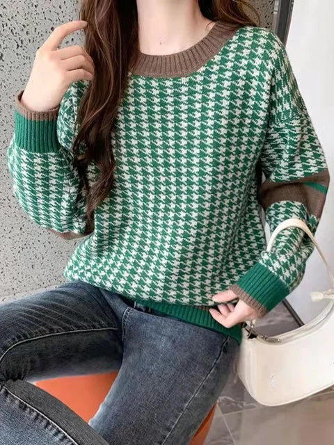 2023 Winter Ladies O-Neck Sweater Warm Pullover Commuter Elegant Top Casual Women's Tops Retro Contrast Color Knitting Jumper