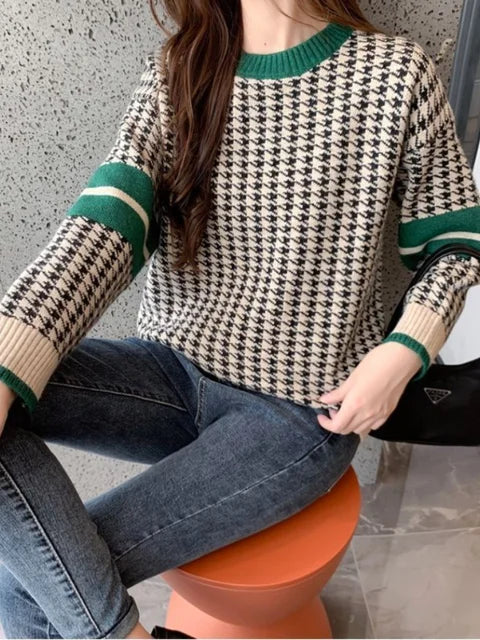 2023 Winter Ladies O-Neck Sweater Warm Pullover Commuter Elegant Top Casual Women's Tops Retro Contrast Color Knitting Jumper