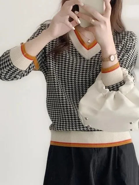 2023 Winter Ladies O-Neck Sweater Warm Pullover Commuter Elegant Top Casual Women's Tops Retro Contrast Color Knitting Jumper