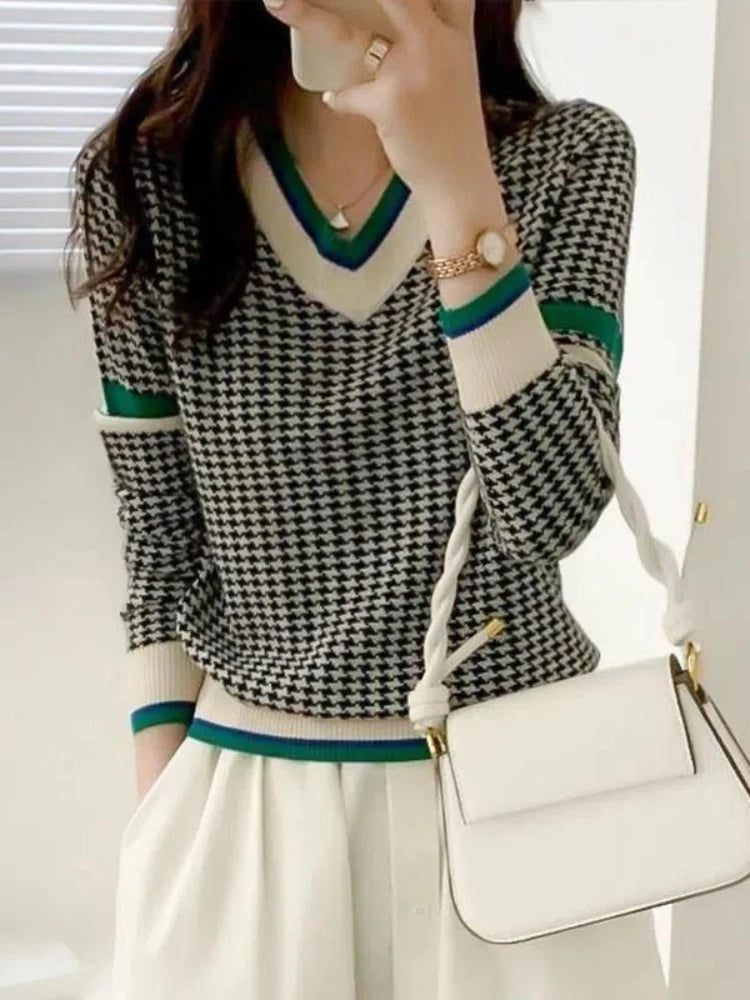 2023 Winter Ladies O-Neck Sweater Warm Pullover Commuter Elegant Top Casual Women's Tops Retro Contrast Color Knitting Jumper