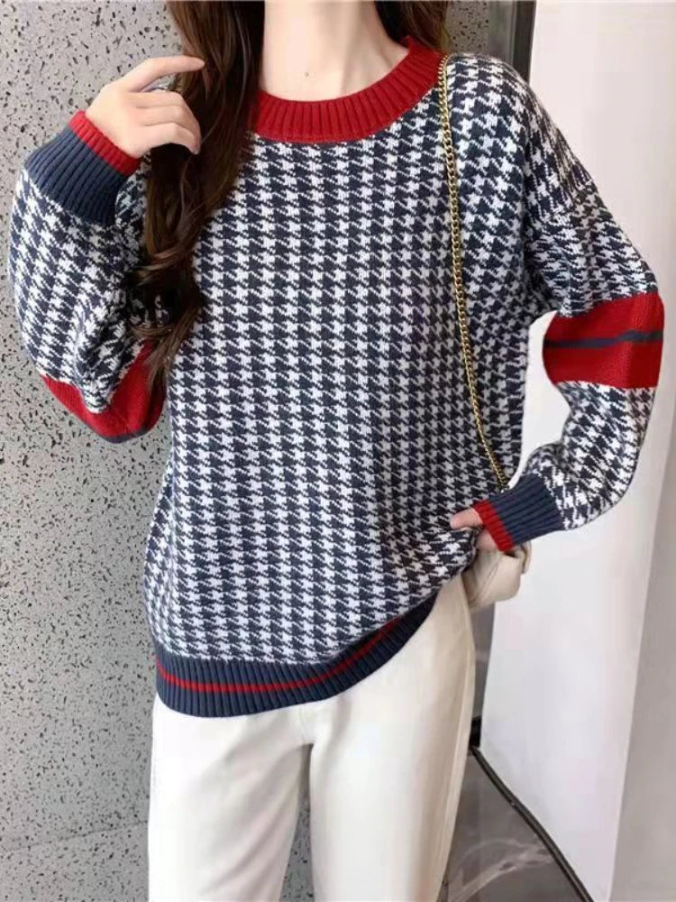 2023 Winter Ladies O-Neck Sweater Warm Pullover Commuter Elegant Top Casual Women's Tops Retro Contrast Color Knitting Jumper