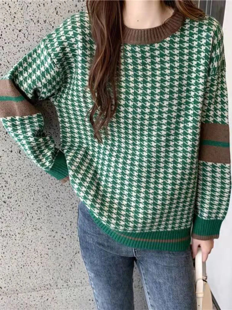 2023 Winter Ladies O-Neck Sweater Warm Pullover Commuter Elegant Top Casual Women's Tops Retro Contrast Color Knitting Jumper