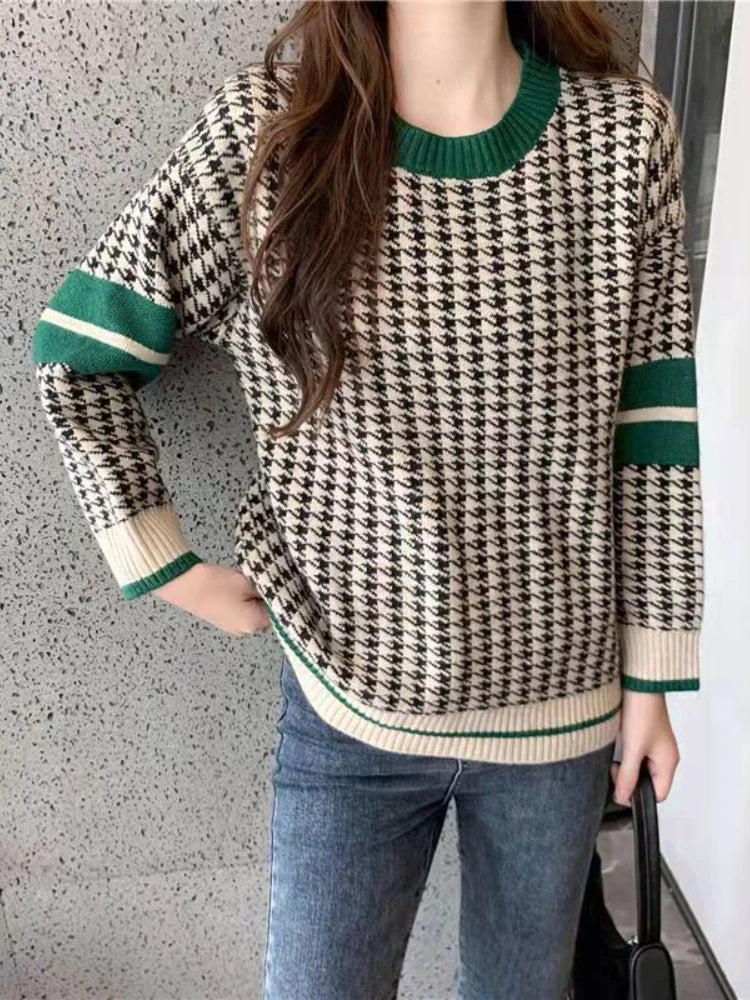 2023 Winter Ladies O-Neck Sweater Warm Pullover Commuter Elegant Top Casual Women's Tops Retro Contrast Color Knitting Jumper