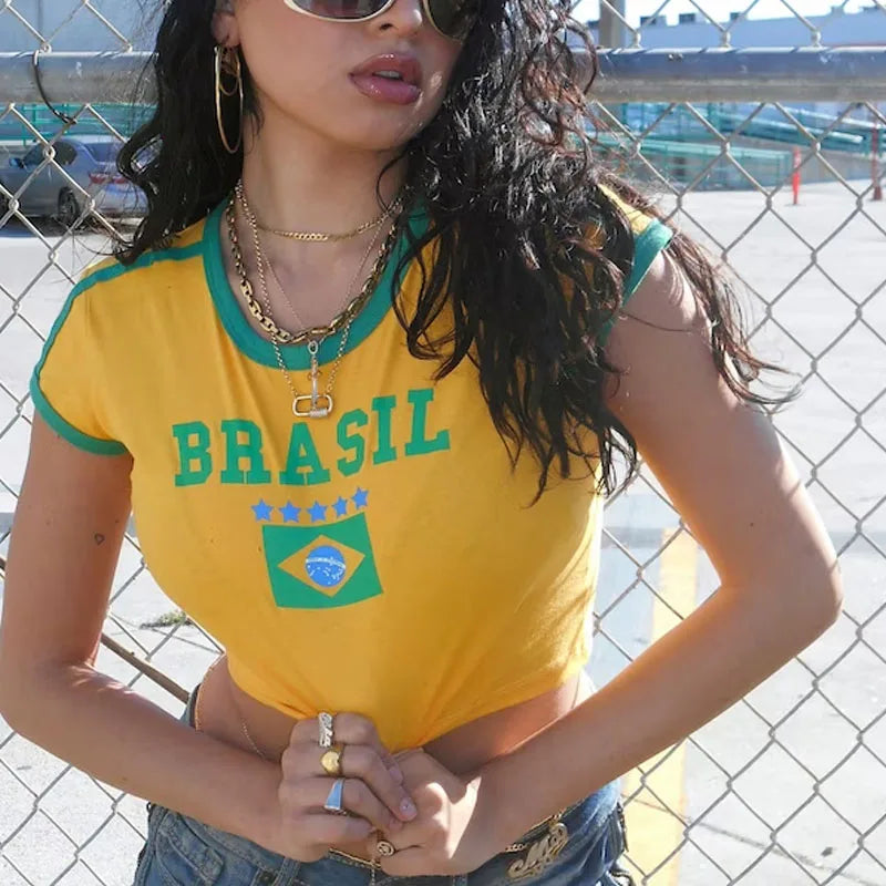 2023 Women's T-shirt Brazil Letter Aesthetic 90's Crop Tops Summer Short Sleeve Tees Kpop Streetwear Harajuku Y2K Clothes Lady