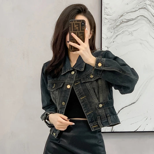 American Retro Women Short Jeans Coat With Buckle Pocket 2023 Streetwear Washed Vintage Denim Jackets Long Sleeve Crop Top