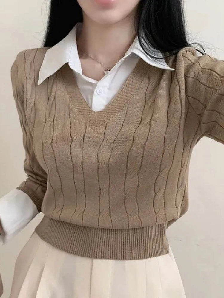 Autumn Knitted Pullover Women Preppy Style Fake Two Piece Sweater Korean Fashion Long Sleeve Top Female Elegant Patchwork Shirt