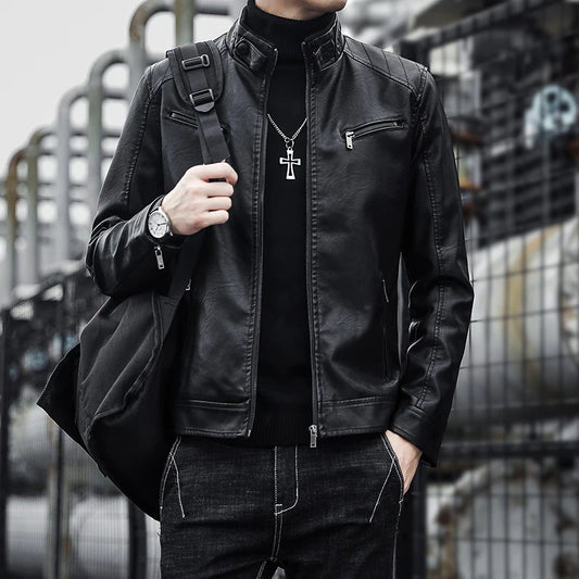 Autumn New Men Casual Fashion Stand Collar Slim PU Leather Jacket Solid Color Leather Jacket Men Anti-wind Motorcycle S-4XL