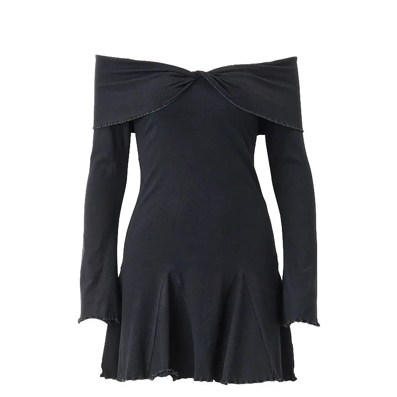 Autumn Strapless Sexy Black A-LINE Dress Women Off Shoulder Long Sleeves Streetwear Knitting Mini Dresses Elegant Club Partywear