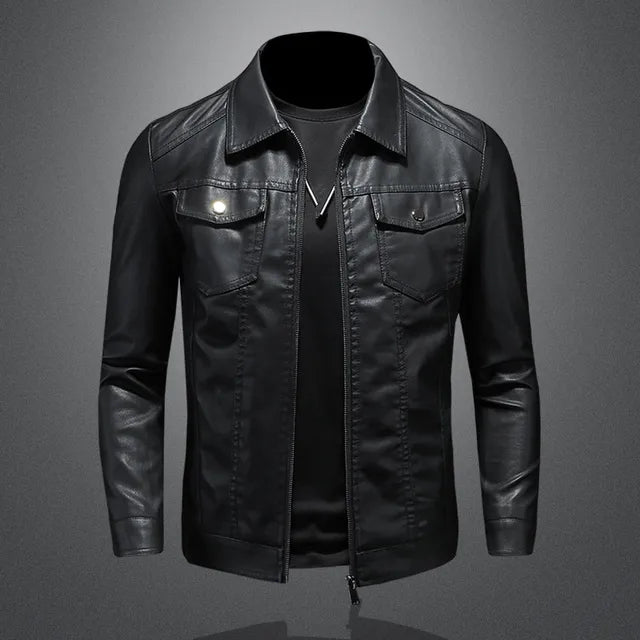 Autumn Winter New Mens Leather Jackets Black PU Coat Fashion Slim Fit Turn Down Collar Multi Pocket Zipper Faux Leather Jacket