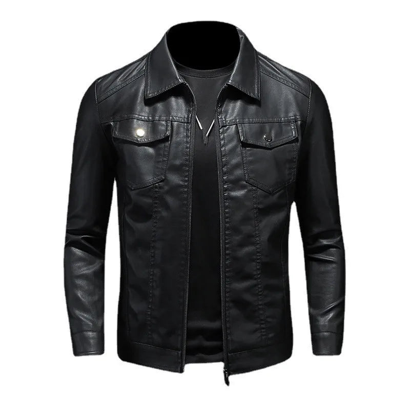 Autumn Winter New Mens Leather Jackets Black PU Coat Fashion Slim Fit Turn Down Collar Multi Pocket Zipper Faux Leather Jacket