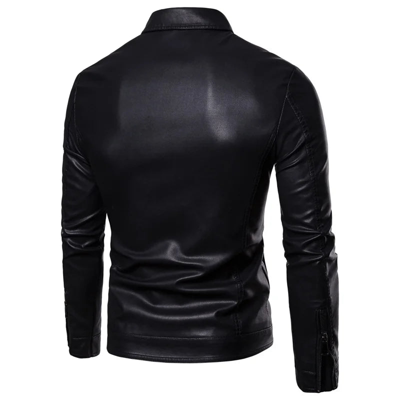 Autumn Winter New Mens Leather Jackets Black PU Coat Fashion Slim Fit Turn Down Collar Multi Pocket Zipper Faux Leather Jacket