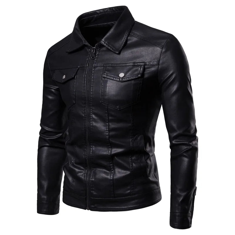 Autumn Winter New Mens Leather Jackets Black PU Coat Fashion Slim Fit Turn Down Collar Multi Pocket Zipper Faux Leather Jacket