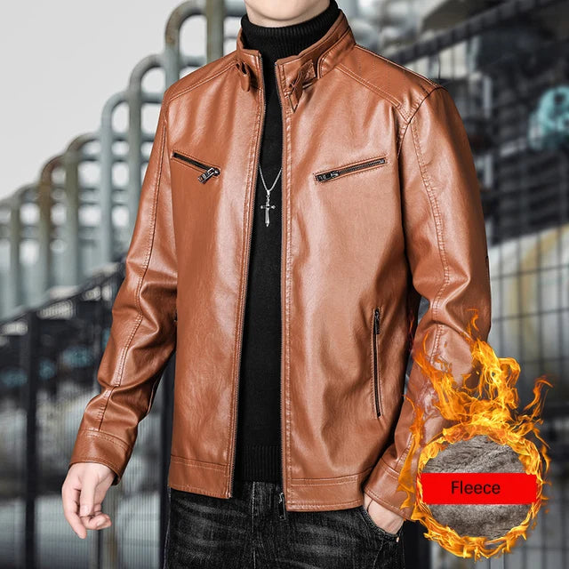 BROWON Leather Jacket Men 2023 Fashion Casual Winter Stand Collar Motorcycle Mens Leather Jacket Solid Color Outwear Men Coats