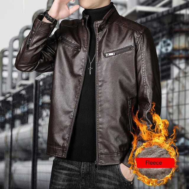 BROWON Leather Jacket Men 2023 Fashion Casual Winter Stand Collar Motorcycle Mens Leather Jacket Solid Color Outwear Men Coats