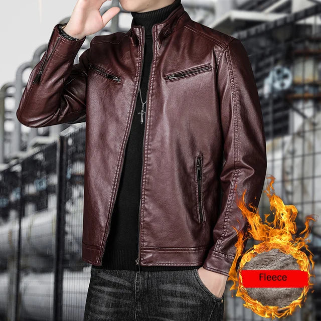 BROWON Leather Jacket Men 2023 Fashion Casual Winter Stand Collar Motorcycle Mens Leather Jacket Solid Color Outwear Men Coats