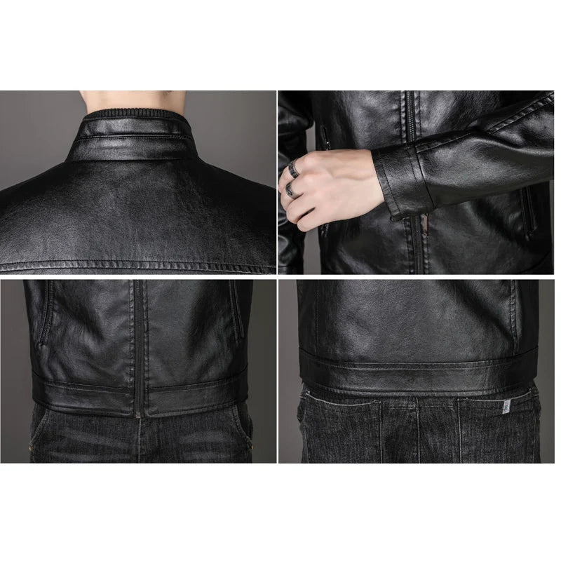 BROWON Leather Jacket Men 2023 Fashion Casual Winter Stand Collar Motorcycle Mens Leather Jacket Solid Color Outwear Men Coats