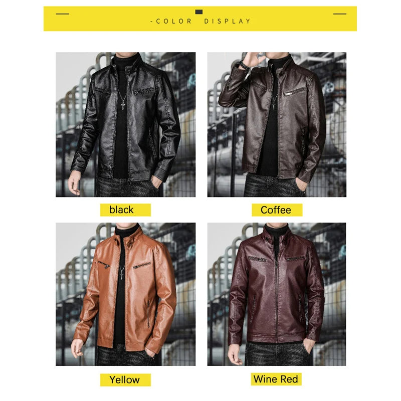 BROWON Leather Jacket Men 2023 Fashion Casual Winter Stand Collar Motorcycle Mens Leather Jacket Solid Color Outwear Men Coats