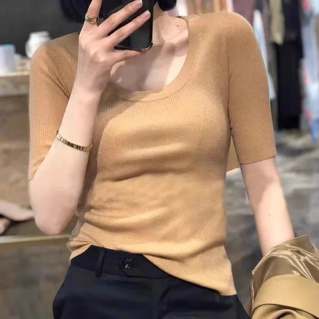 Basic U collar slim fit ice silk knit short sleeve mulberry silk T-shirt women's summer thin cover with thin bottom half sleeve