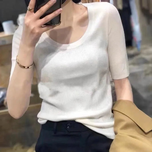 Basic U collar slim fit ice silk knit short sleeve mulberry silk T-shirt women's summer thin cover with thin bottom half sleeve