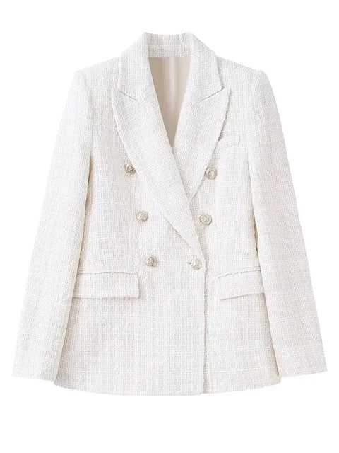 Beige Tweed Women Blazer Jacket 2022 New Office Lady Solid Color Double Breasted Button Up Coat Casual Girls Streetwear